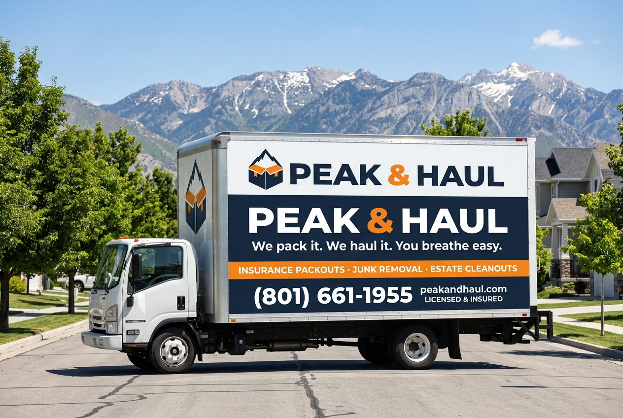 Peak & Haul branded box truck with navy and orange wrap parked on a Utah street